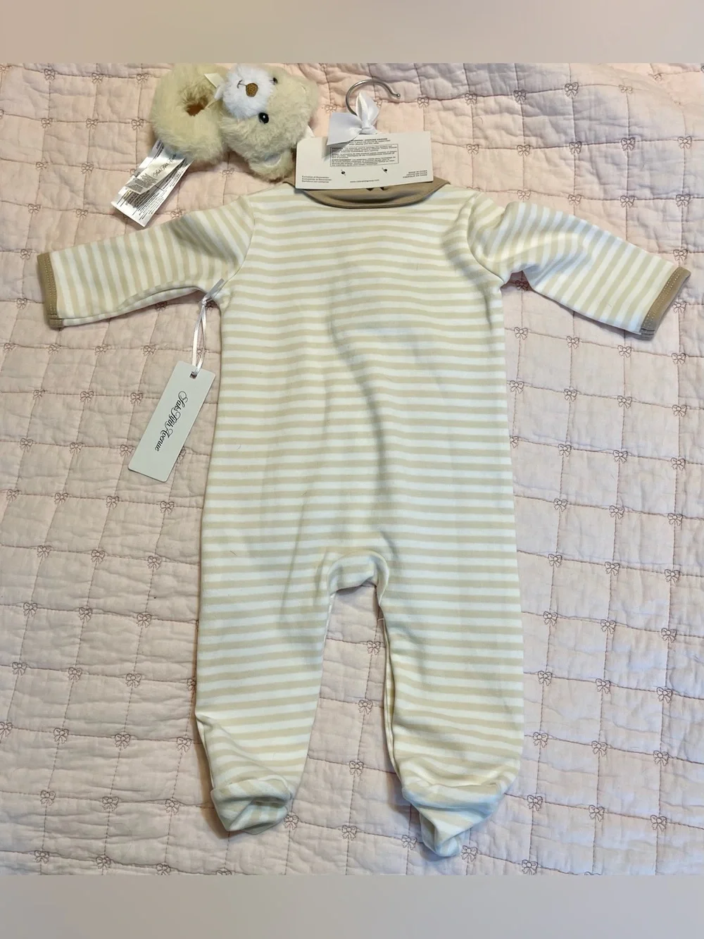 Saks Fifth Avenue 2 -Piece Set Striped Romper with Teddy Bear Rattle 3-6 months